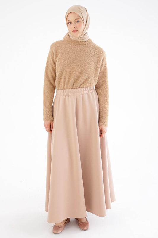 Beige Scuba Flared Skirt with Elastic Waist