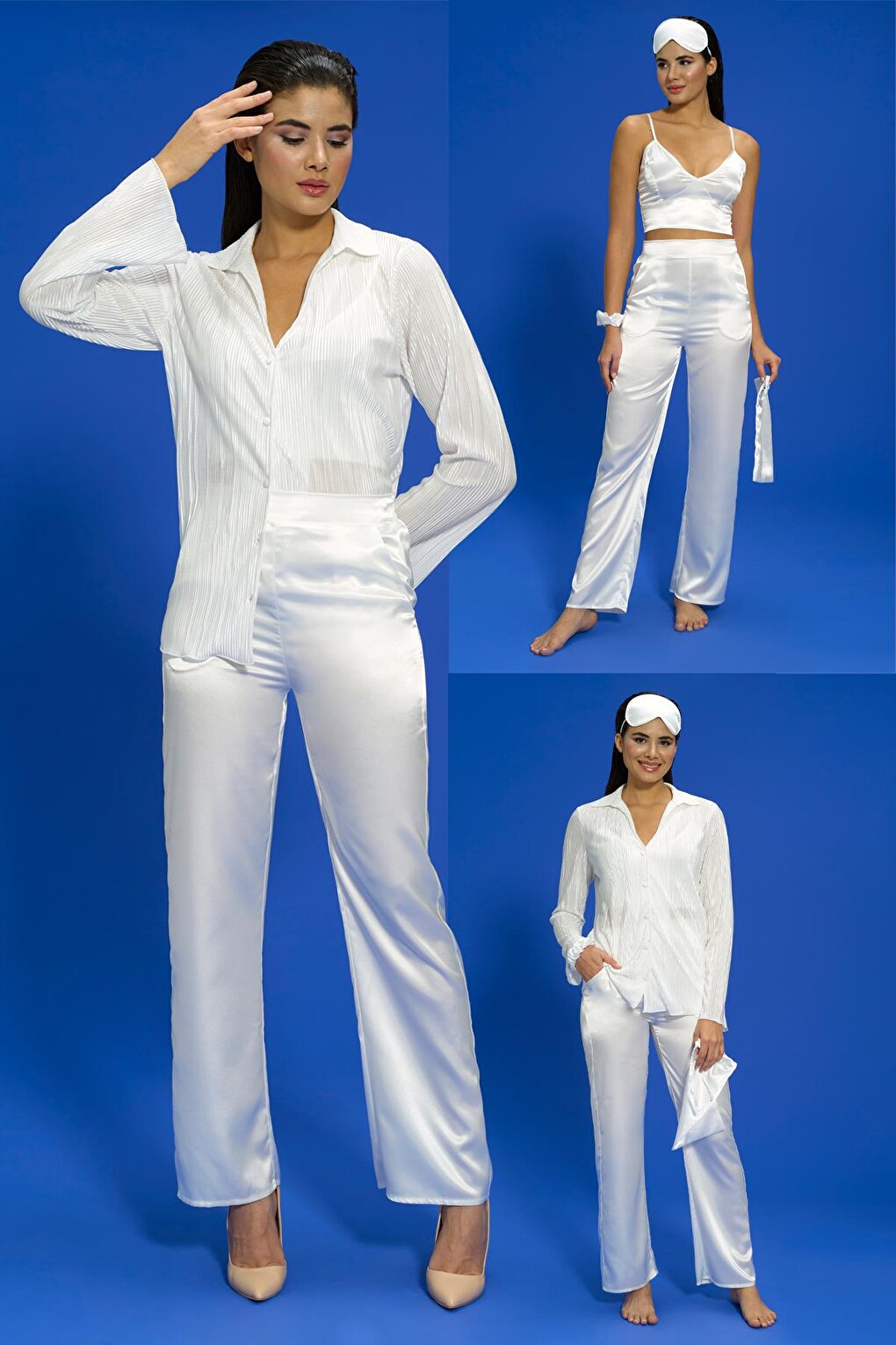 6-Piece Pleated Ecru Pajama Set with Bustier