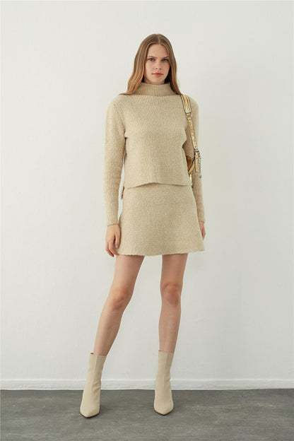 Beige Flounced Mini Knitted Skirt