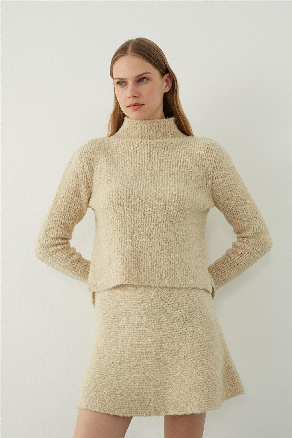 Beige Flounced Mini Knitted Skirt