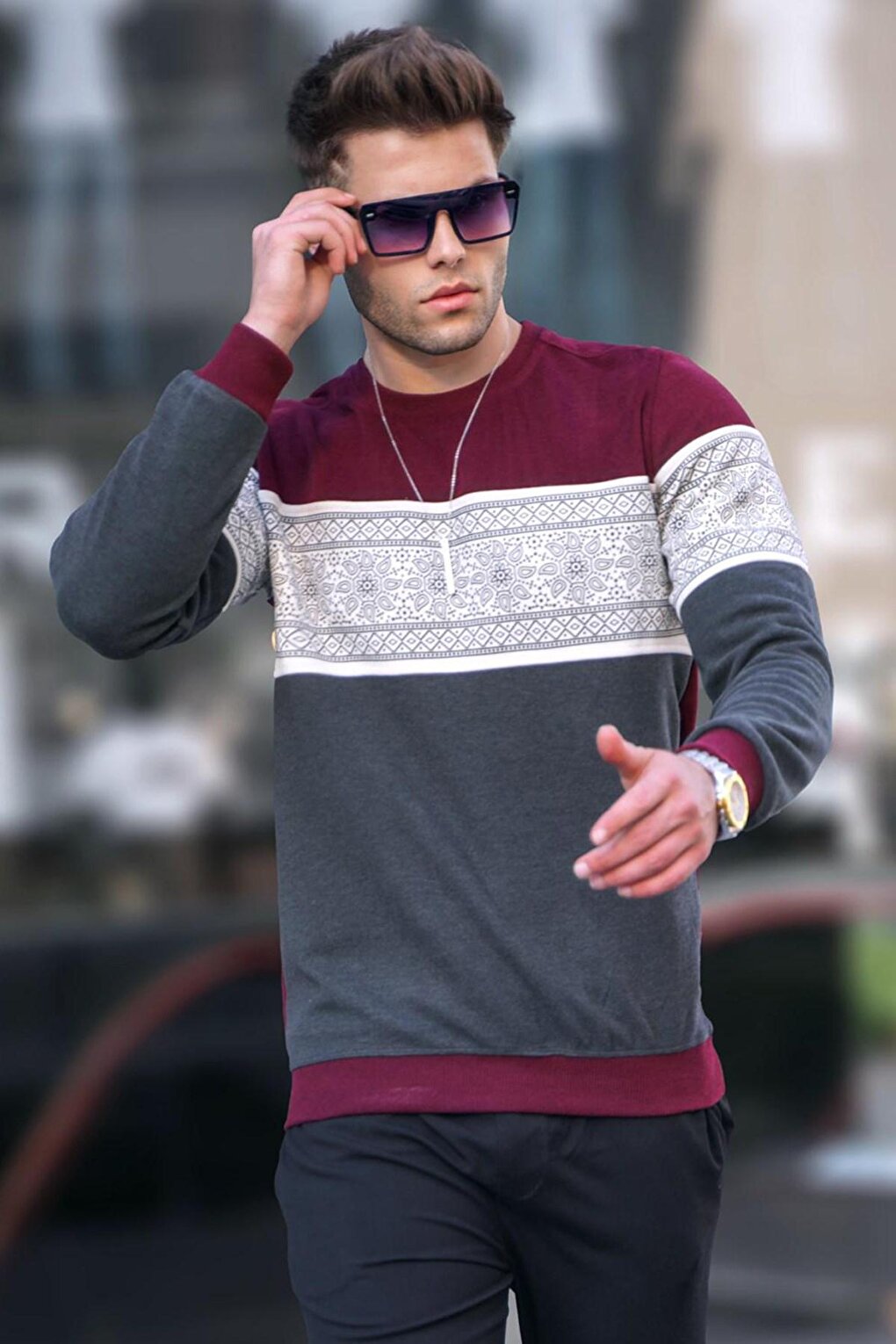 Claret Red Jacquard Patterned Crew Neck Knitwear Sweater 5966