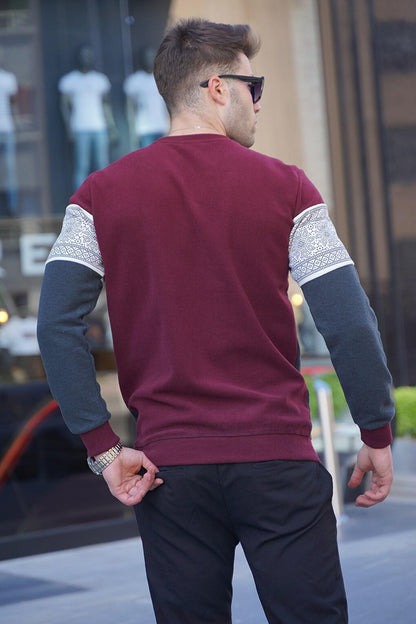 Claret Red Jacquard Patterned Crew Neck Knitwear Sweater 5966