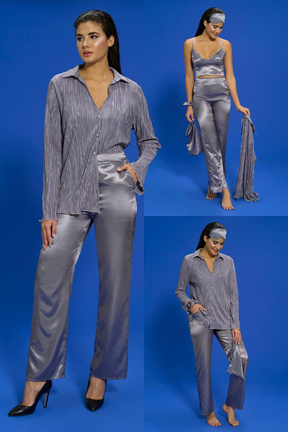 6-Piece Pleated Gray Bustier Pajama Set