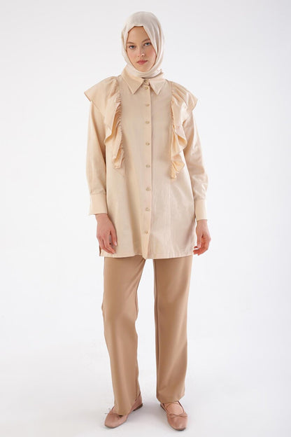 Beige Stone Fall Flounce Satin Shirt Tunic