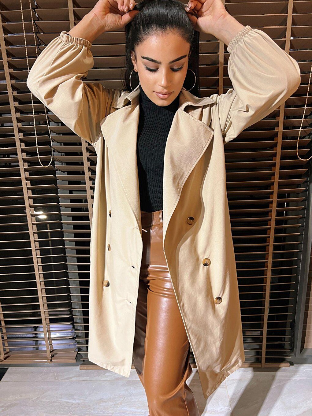 Balloon Sleeve Waist Belt Trench Coat