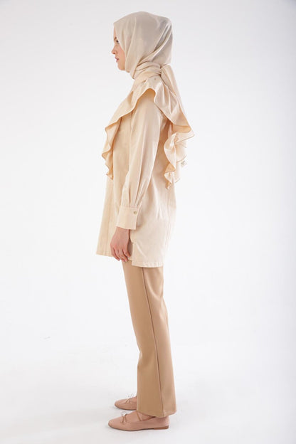 Beige Stone Fall Flounce Satin Shirt Tunic