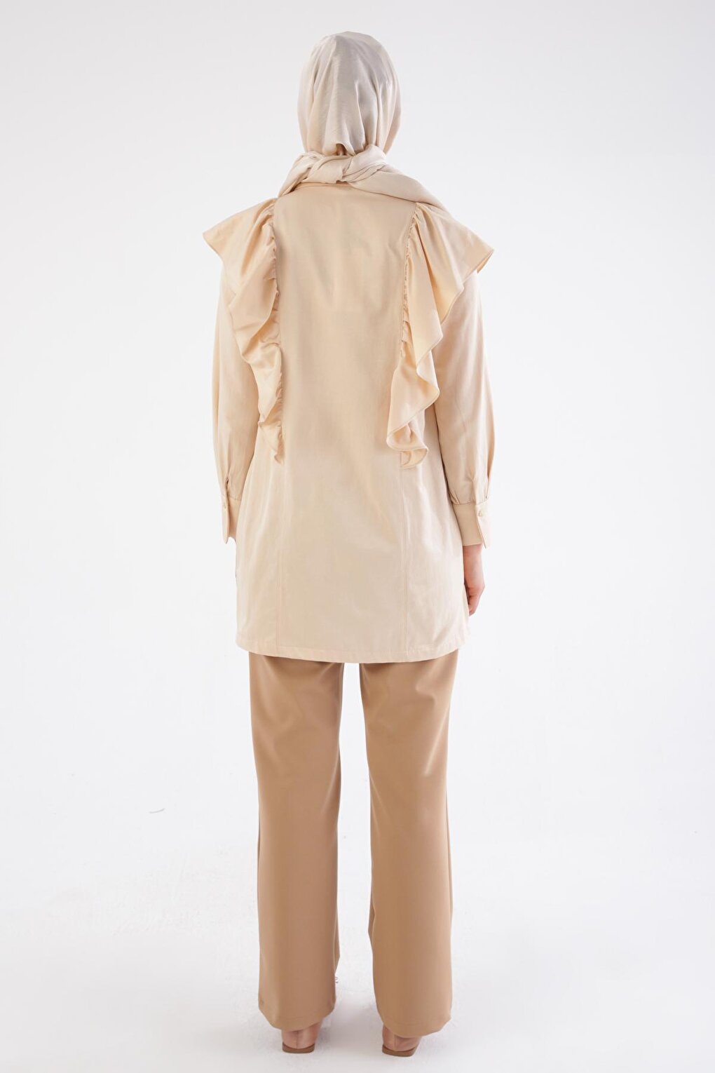 Beige Stone Fall Flounce Satin Shirt Tunic