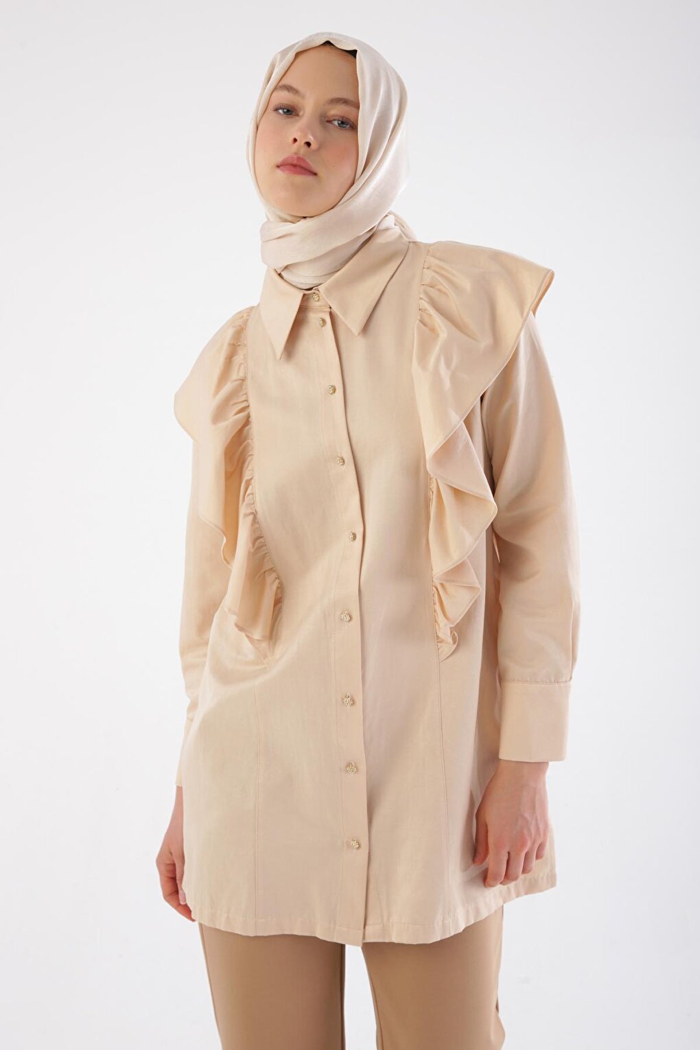 Beige Stone Fall Flounce Satin Shirt Tunic