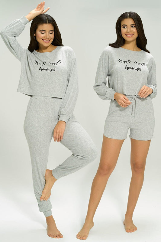 3-Piece Ribana Goodnight Printed Corduroy Gray Pajama Set