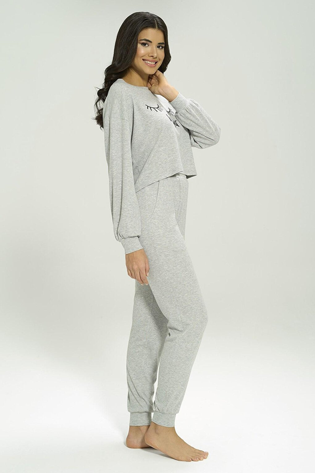 3-Piece Ribana Goodnight Printed Corduroy Gray Pajama Set