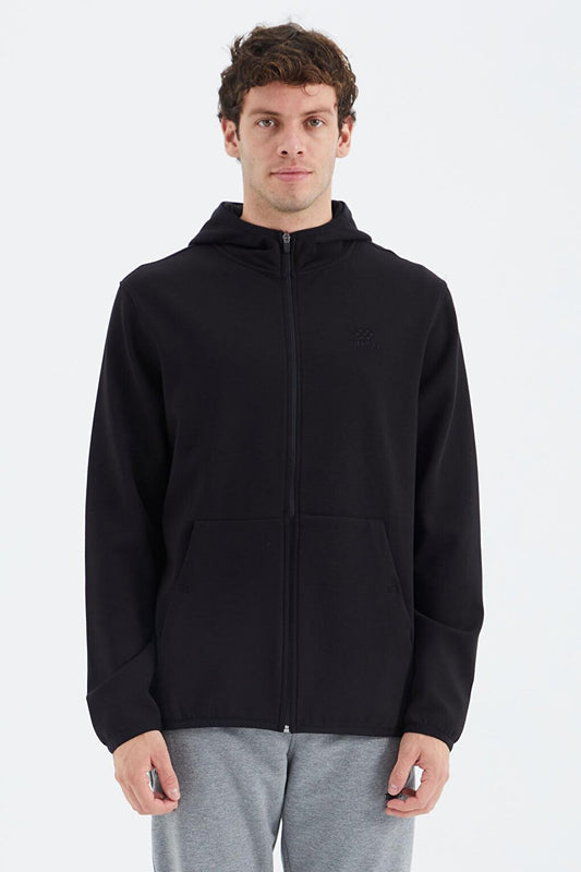 Black Zippered Hooded Men's Sweatshirt with Pocket Detail - 88271