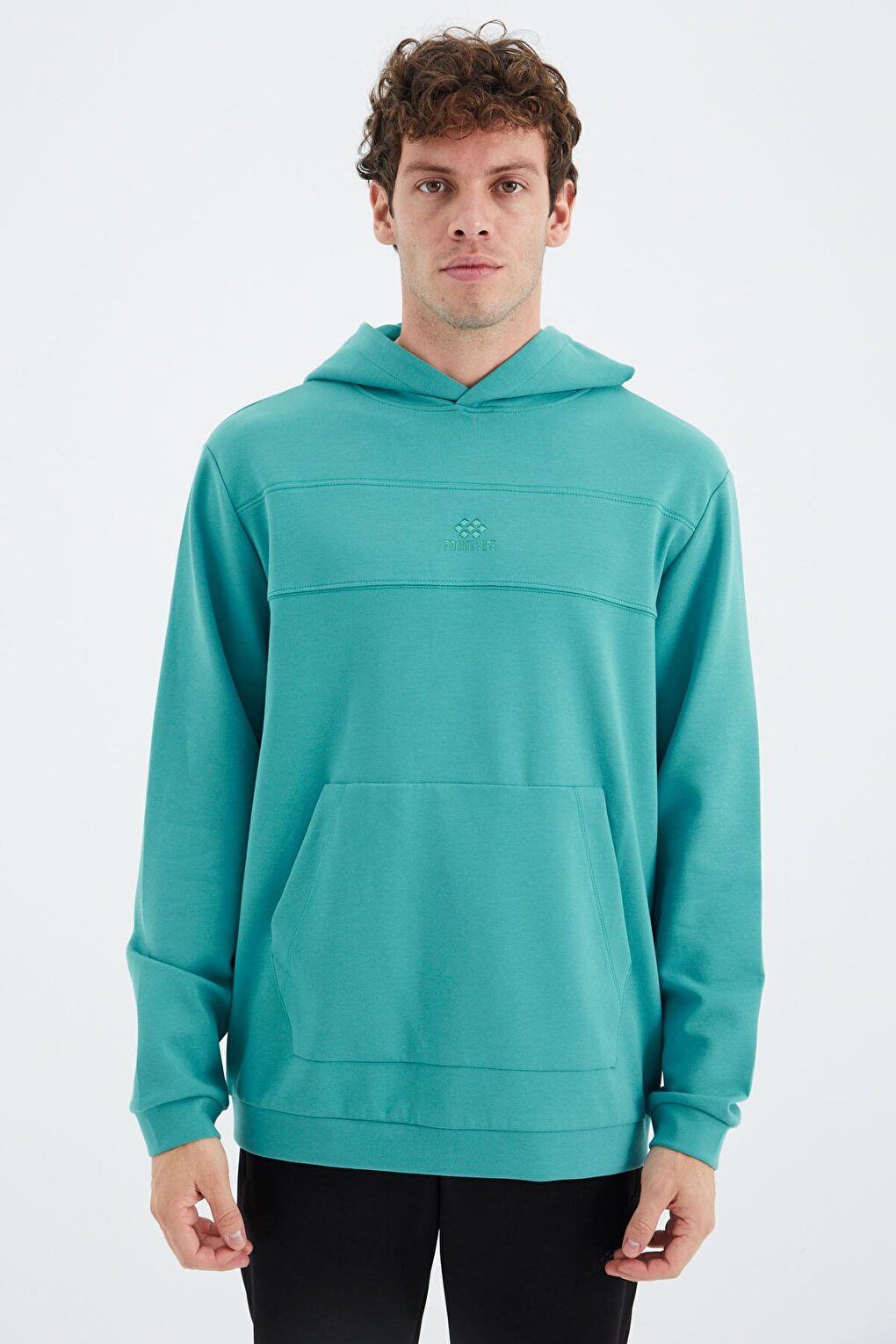 Sea Green Hooded Men's Sweatshirt with Front Stitching Detail - 88277