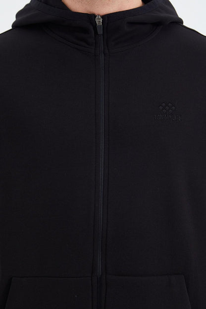 Black Zippered Hooded Men's Sweatshirt with Pocket Detail - 88271