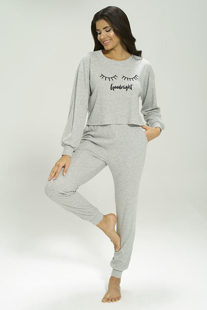 3-Piece Ribana Goodnight Printed Corduroy Gray Pajama Set