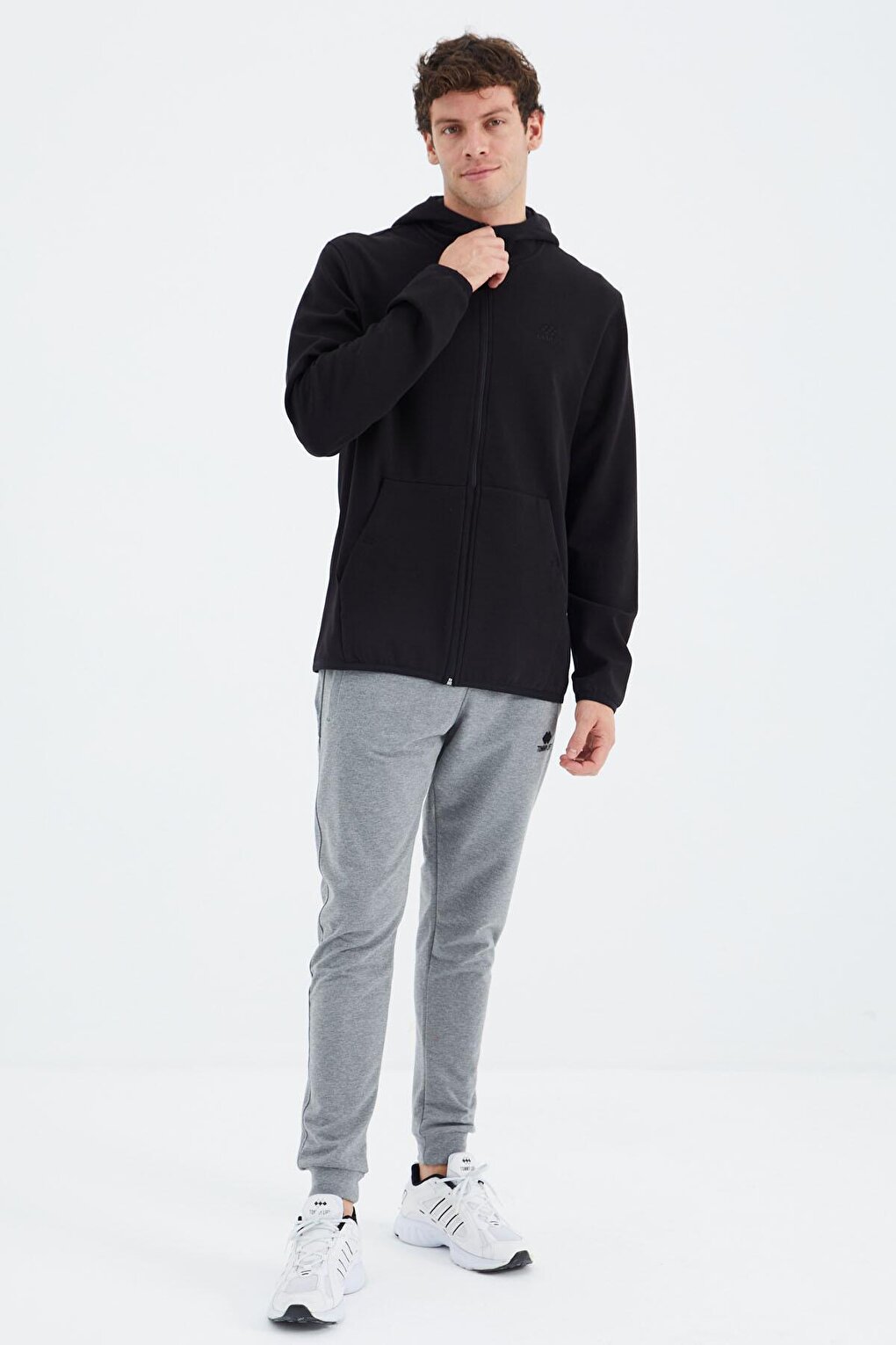 Black Zippered Hooded Men's Sweatshirt with Pocket Detail - 88271