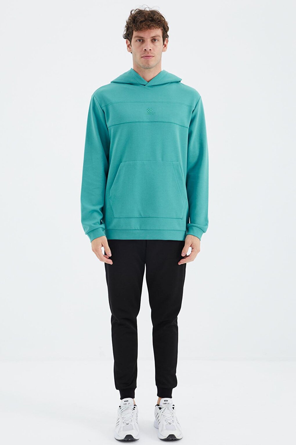 Sea Green Hooded Men's Sweatshirt with Front Stitching Detail - 88277