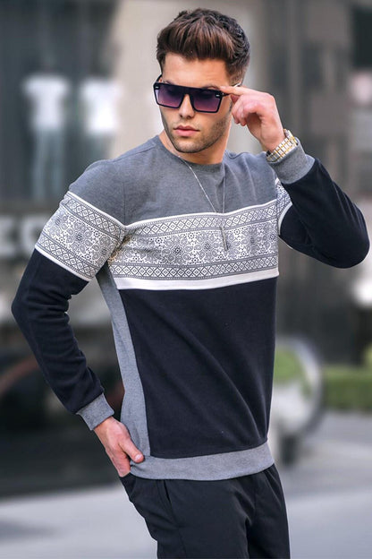 Gray Jacquard Patterned Crew Neck Knitwear Sweater 5966