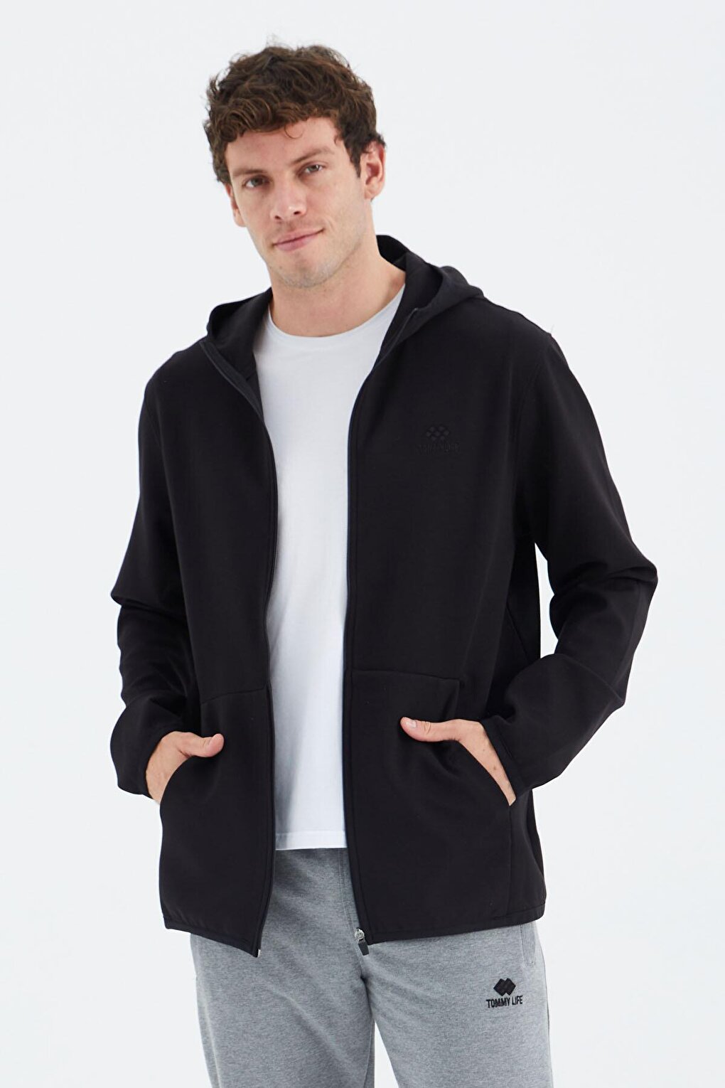 Black Zippered Hooded Men's Sweatshirt with Pocket Detail - 88271