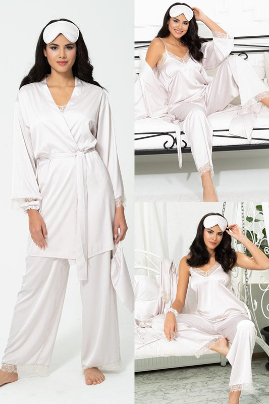 6-Piece Lace Dressing Gown Athlete Trousers Gray Pajama Set