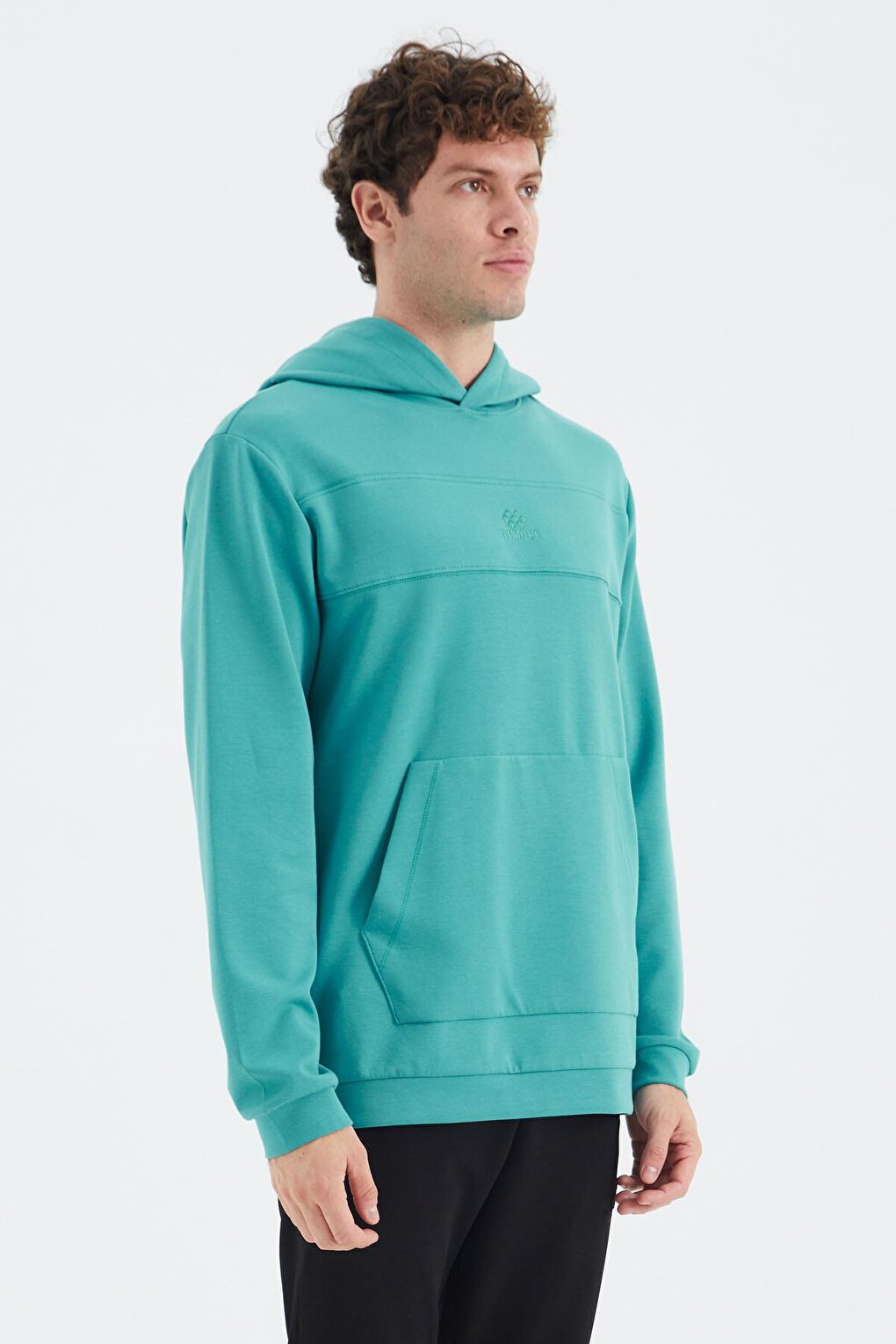 Sea Green Hooded Men's Sweatshirt with Front Stitching Detail - 88277