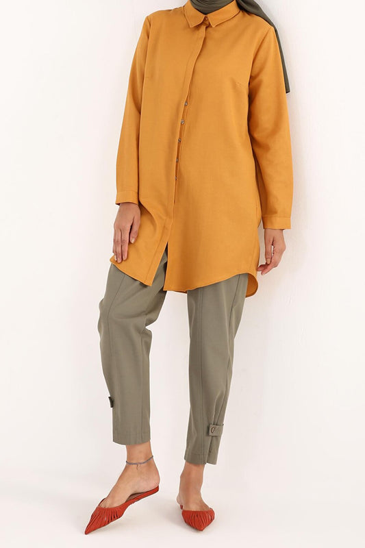 Mustard Hidden Placket Cotton Shirt Tunic