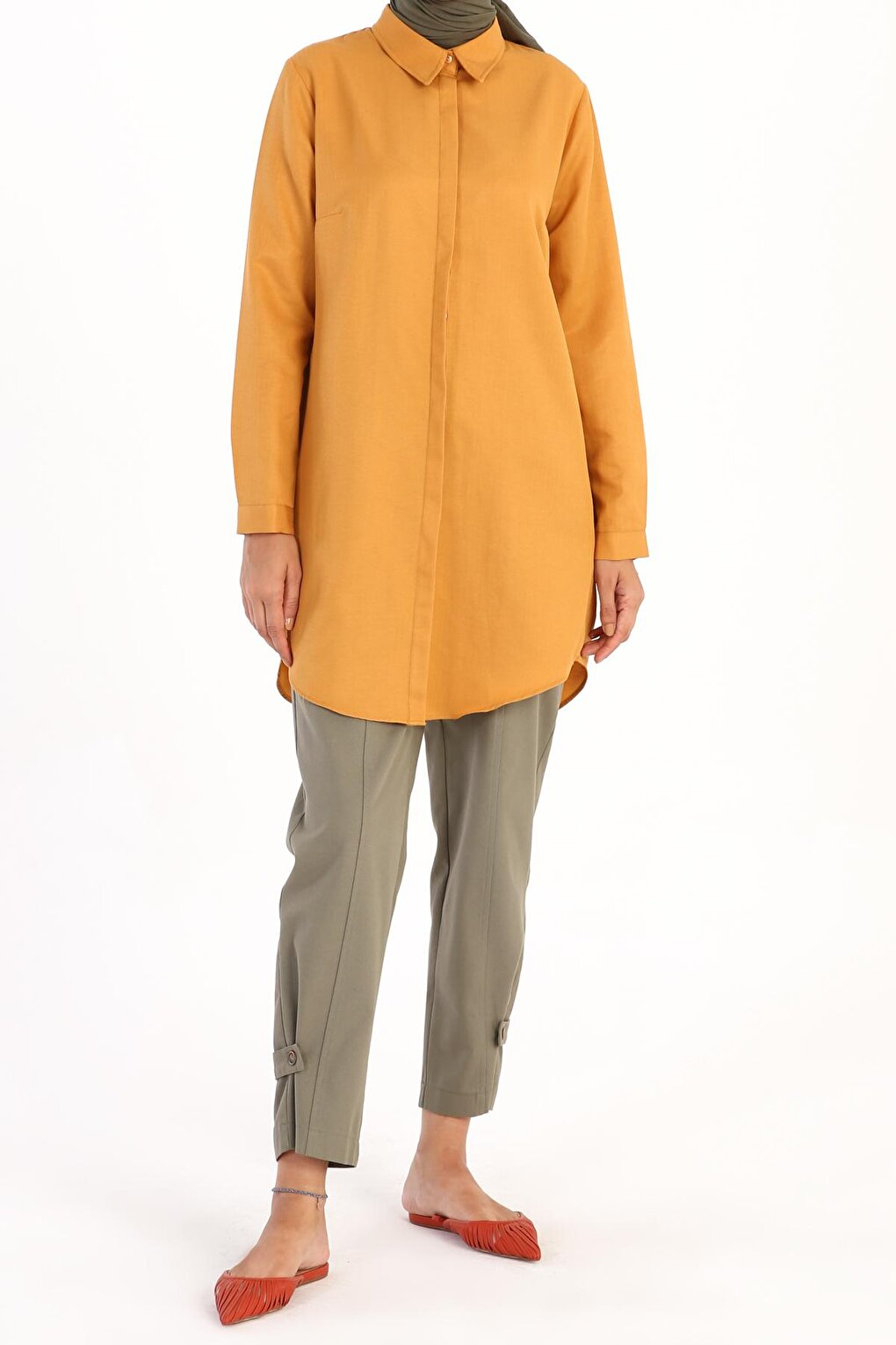 Mustard Hidden Placket Cotton Shirt Tunic