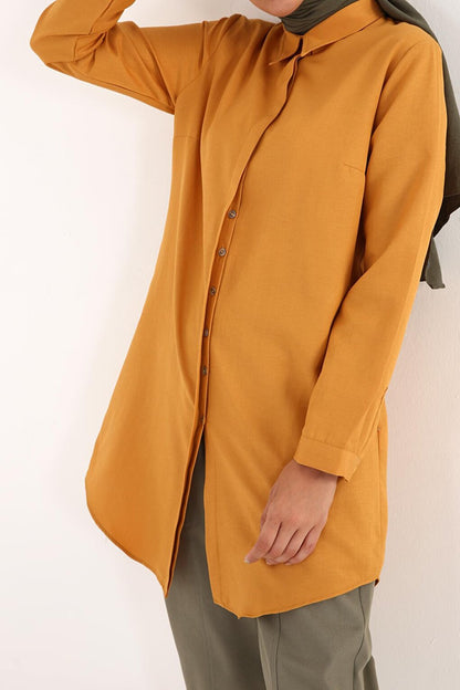 Mustard Hidden Placket Cotton Shirt Tunic