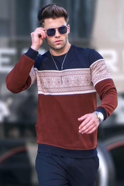 Black Jacquard Patterned Crew Neck Knitwear Sweater 5966