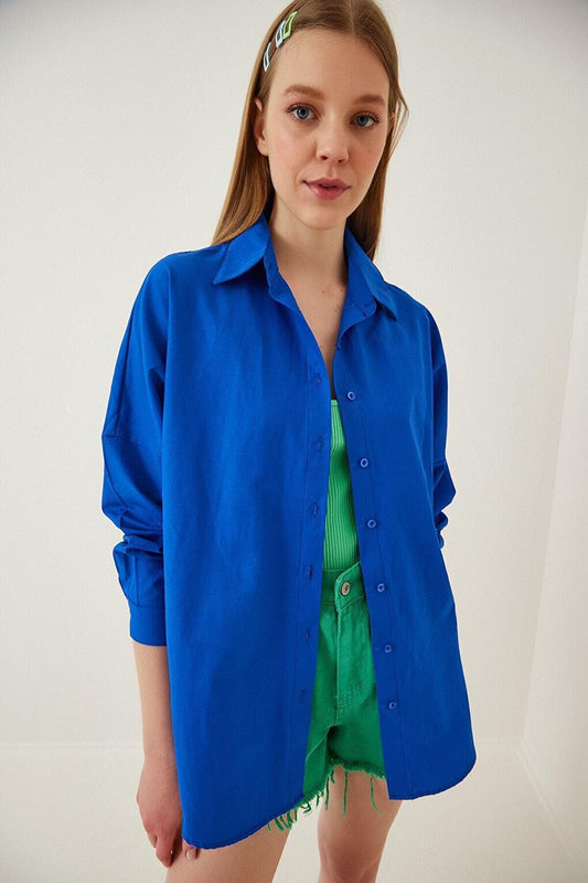 Women's Vivid Blue Oversize Long Basic Shirt HZL22W-BD139001