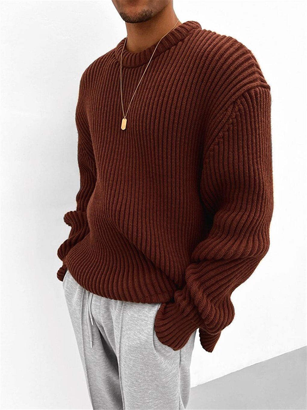 Extra Oversize Ribbed Knitted Sweater Brown