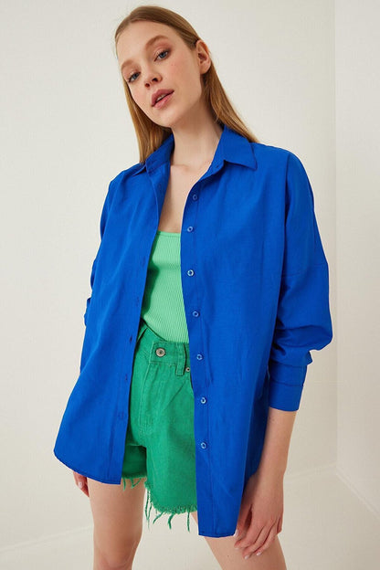 Women's Vivid Blue Oversize Long Basic Shirt HZL22W-BD139001