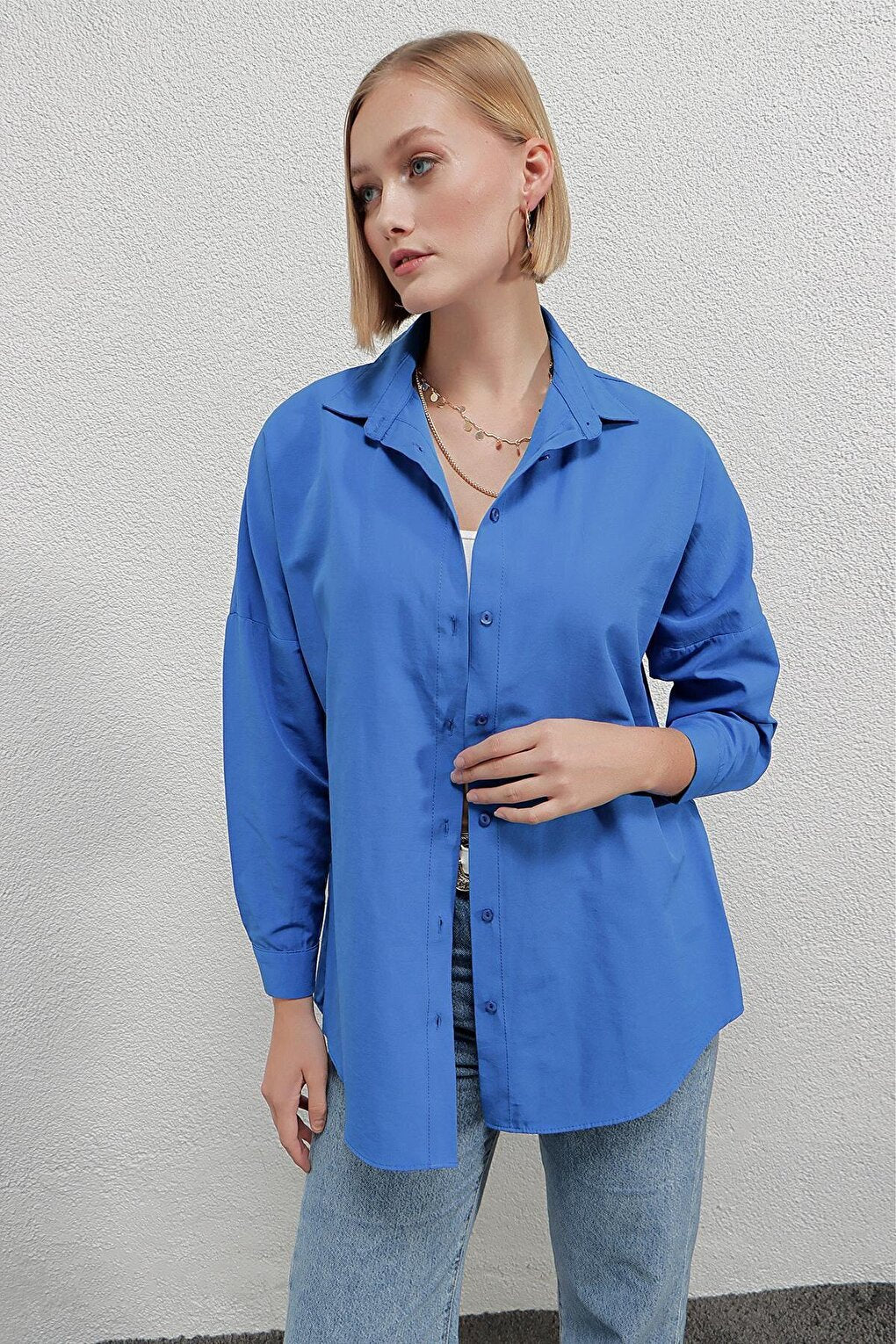 Women's Blue Oversize Long Basic Shirt HZL22W-BD139001