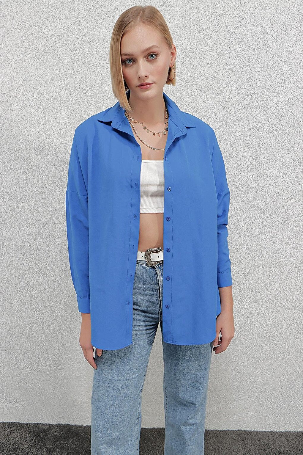 Women's Blue Oversize Long Basic Shirt HZL22W-BD139001