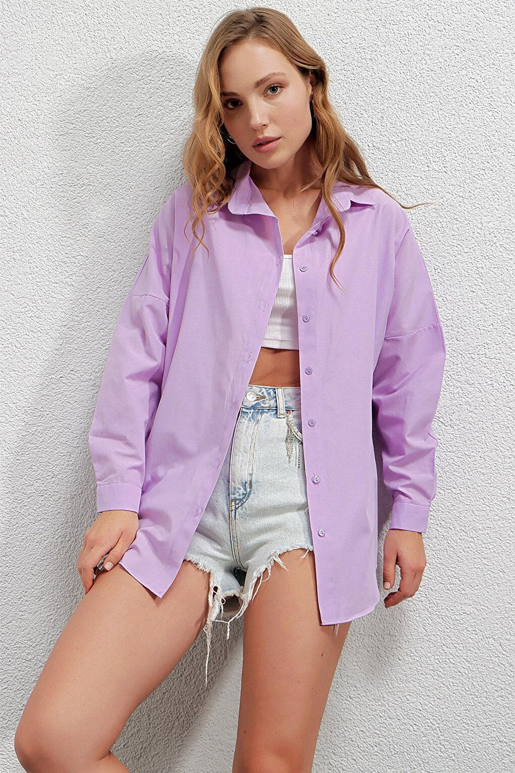 Women's Lilac Oversize Long Basic Shirt Hzl22w-bd139001