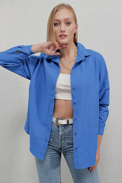 Women's Blue Oversize Long Basic Shirt HZL22W-BD139001