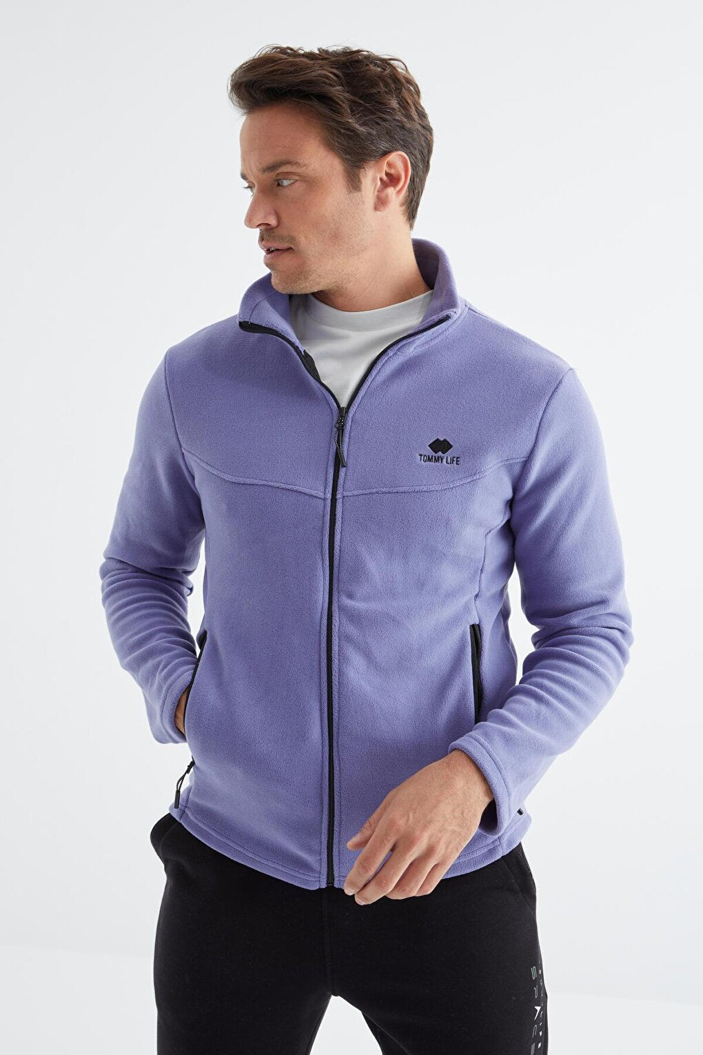 Light Purple Zippered Stand Collar Standard Fit Men's Sweatshirt Polar - 88134