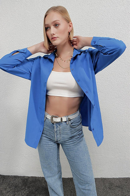 Women's Blue Oversize Long Basic Shirt HZL22W-BD139001