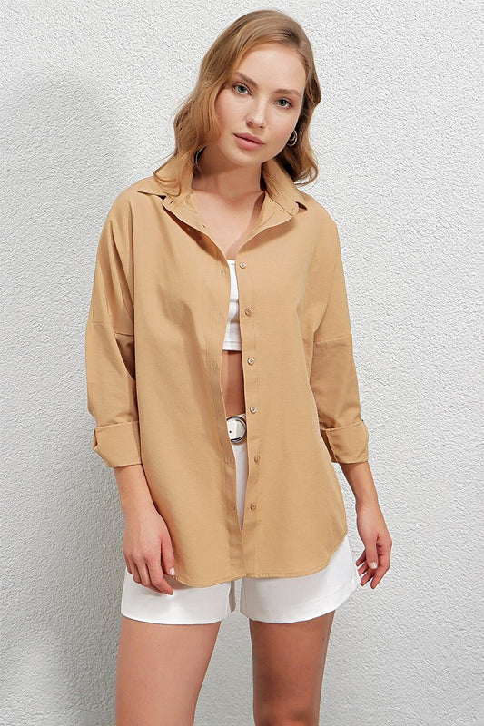 Women's Camel Oversize Long Basic Shirt HZL22W-BD139001