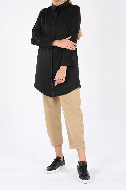 Black Hidden Placket Cotton Shirt Tunic