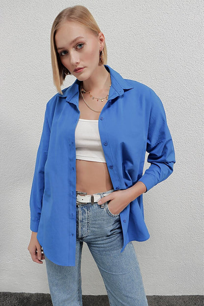 Women's Blue Oversize Long Basic Shirt HZL22W-BD139001