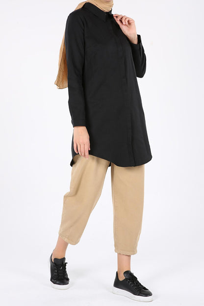 Black Hidden Placket Cotton Shirt Tunic