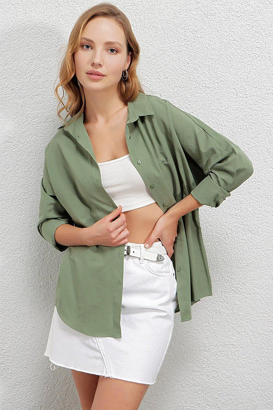 Women's Khaki Oversize Long Basic Shirt HZL22W-BD139001