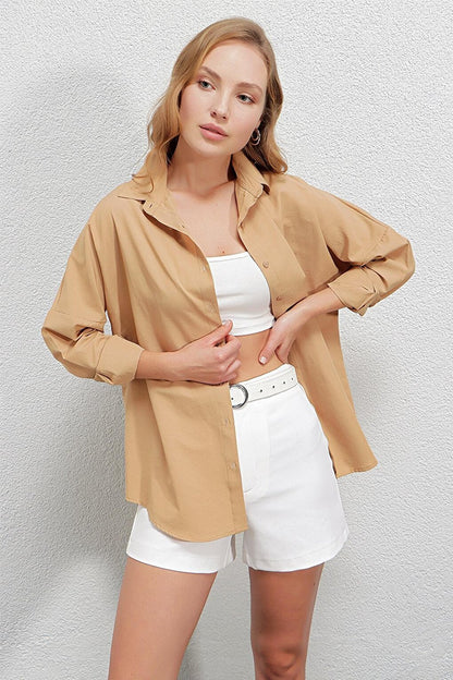 Women's Camel Oversize Long Basic Shirt HZL22W-BD139001