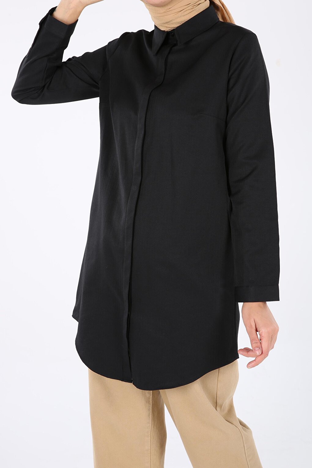 Black Hidden Placket Cotton Shirt Tunic