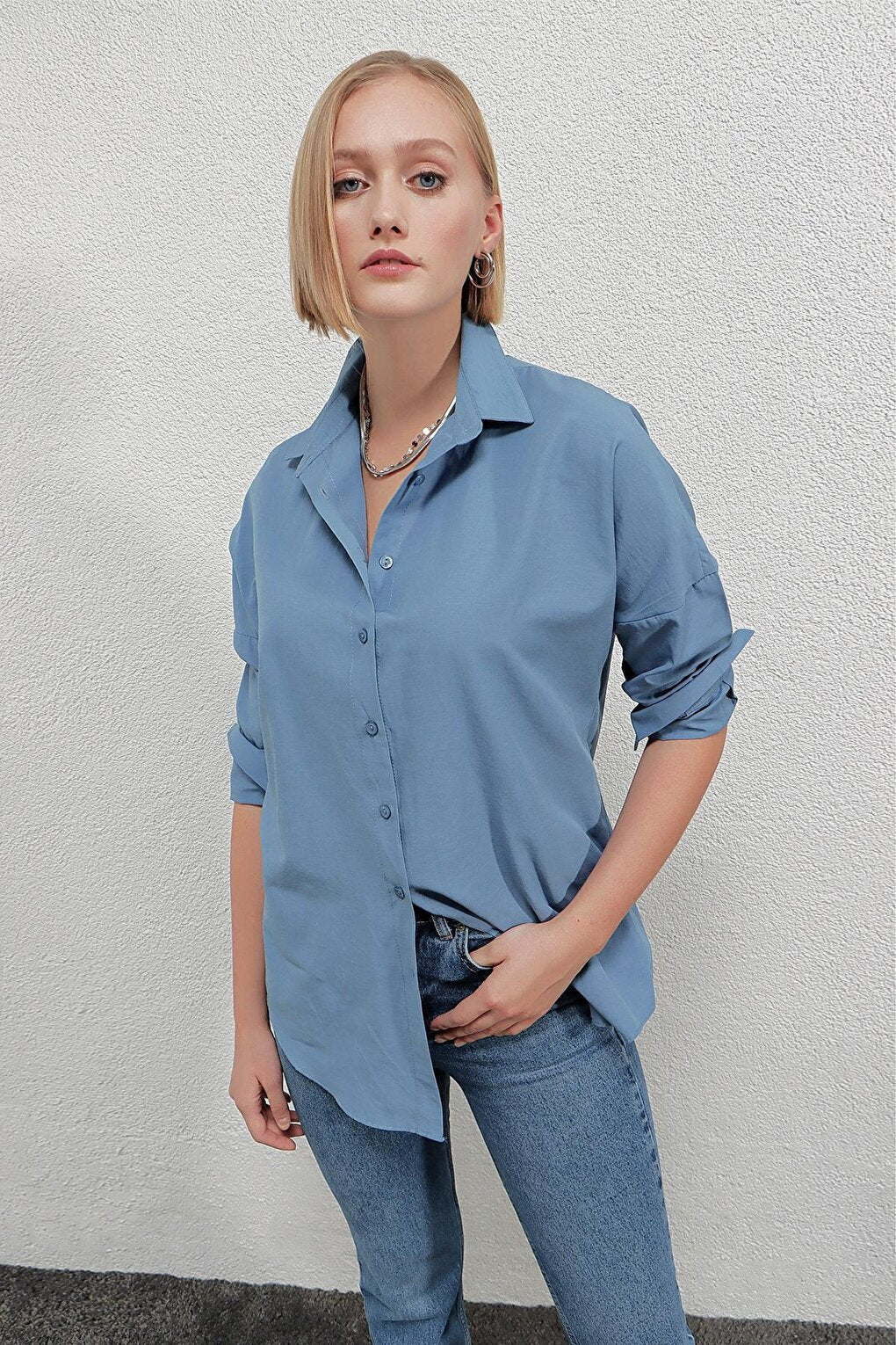 Women's Indigo Blue Oversize Long Basic Shirt HZL22W-BD139001