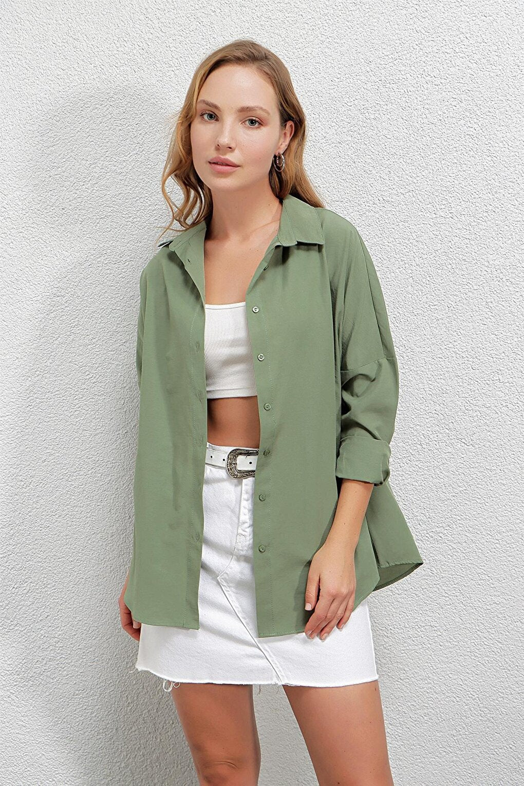 Women's Khaki Oversize Long Basic Shirt HZL22W-BD139001