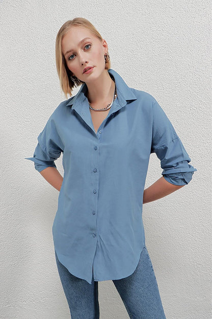 Women's Indigo Blue Oversize Long Basic Shirt HZL22W-BD139001