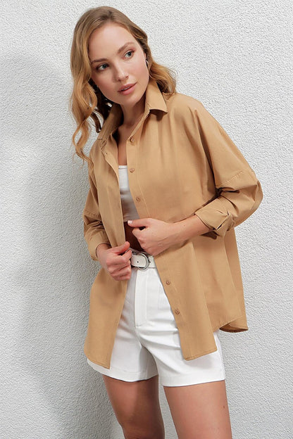 Women's Camel Oversize Long Basic Shirt HZL22W-BD139001