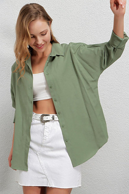 Women's Khaki Oversize Long Basic Shirt HZL22W-BD139001