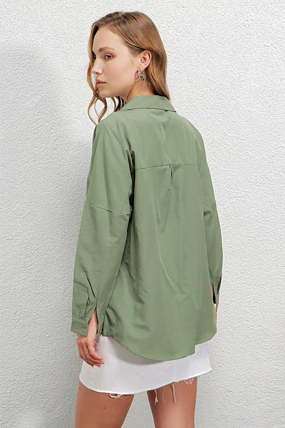 Women's Khaki Oversize Long Basic Shirt HZL22W-BD139001